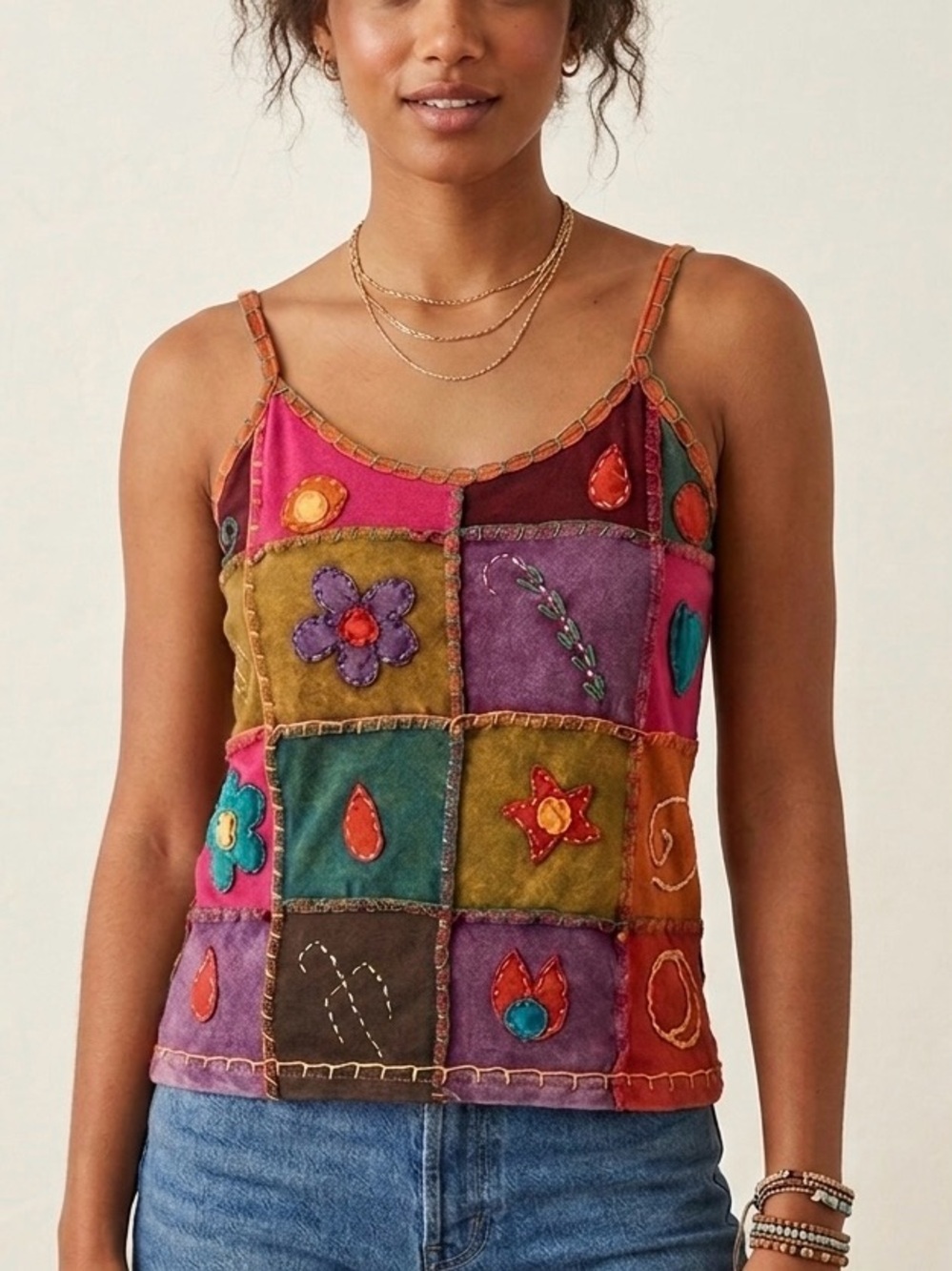 Yak & Yeti Boho Patchwork Appliqué Cami Tank Top Small/ Medium